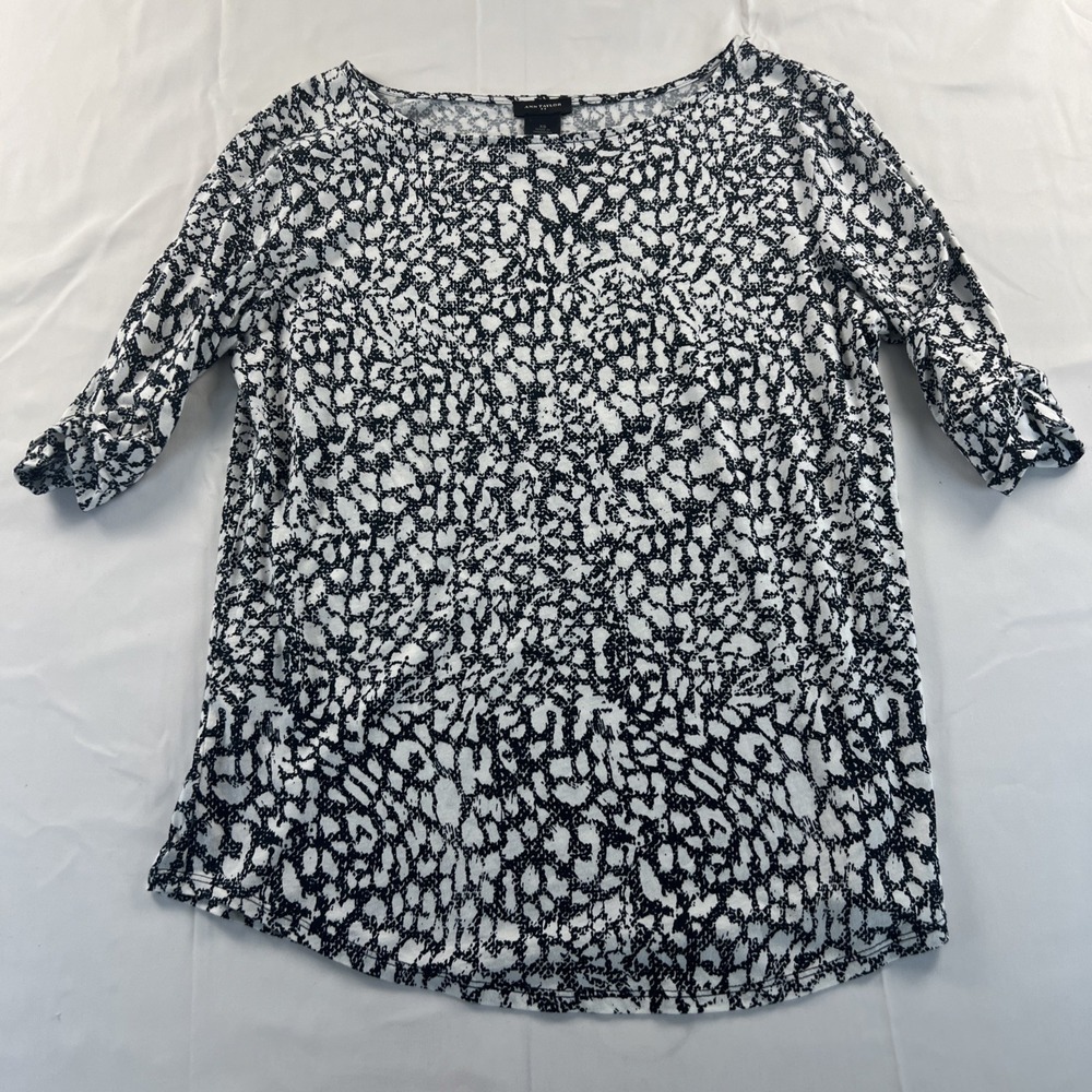 Ann Taylor Womens XS Dark Blue White Abstract Print Blouse 3/4 Sleeve Round Neck